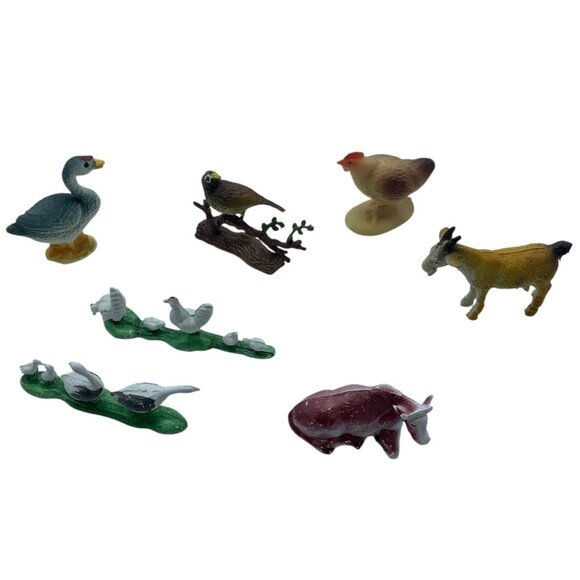 Vtg Miniature Farm Animal Figurine Set Lot of 7 Goat Chickens Goose Duck Cow - Picture 1 of 12